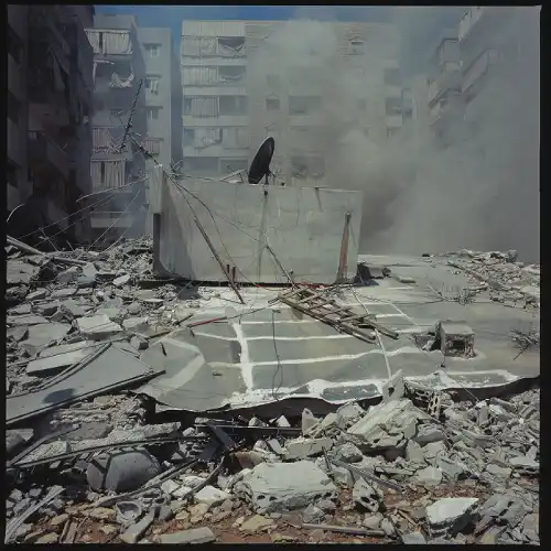 Ciudad del Líbano bombardeada en el interior del fotolibro Phoenicia: irrational catalogue del fotógrafo Alfonso Moral