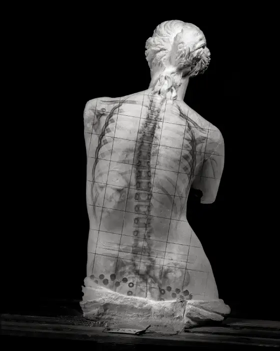 Busto de piedra femenino en el interior del fotolibro "Columna".